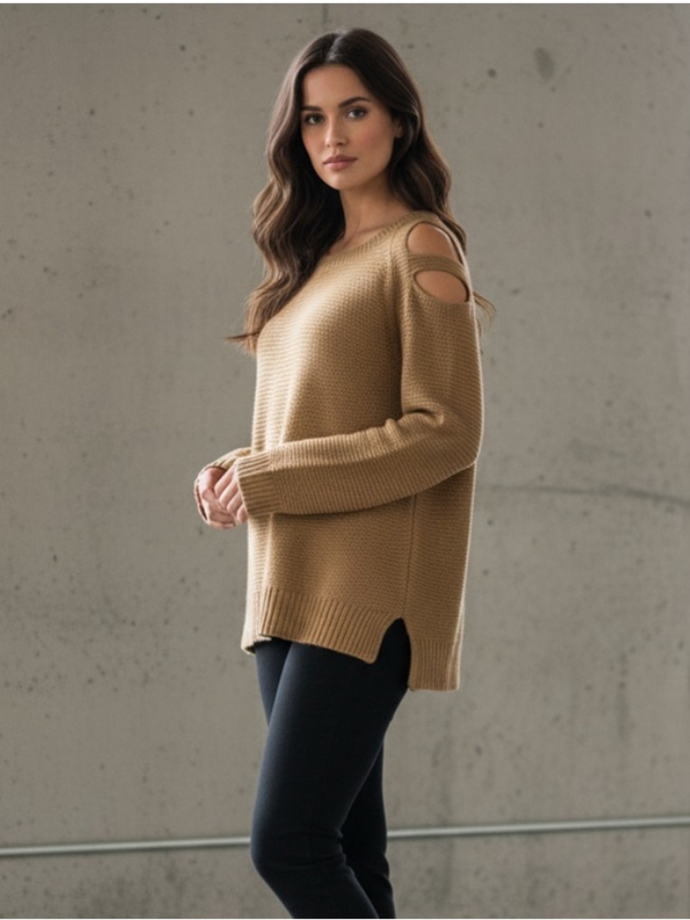 Venus Tan Cutout Shoulder Scoop Neck Acrylic Ribbed Long Sleeve Sweater Large